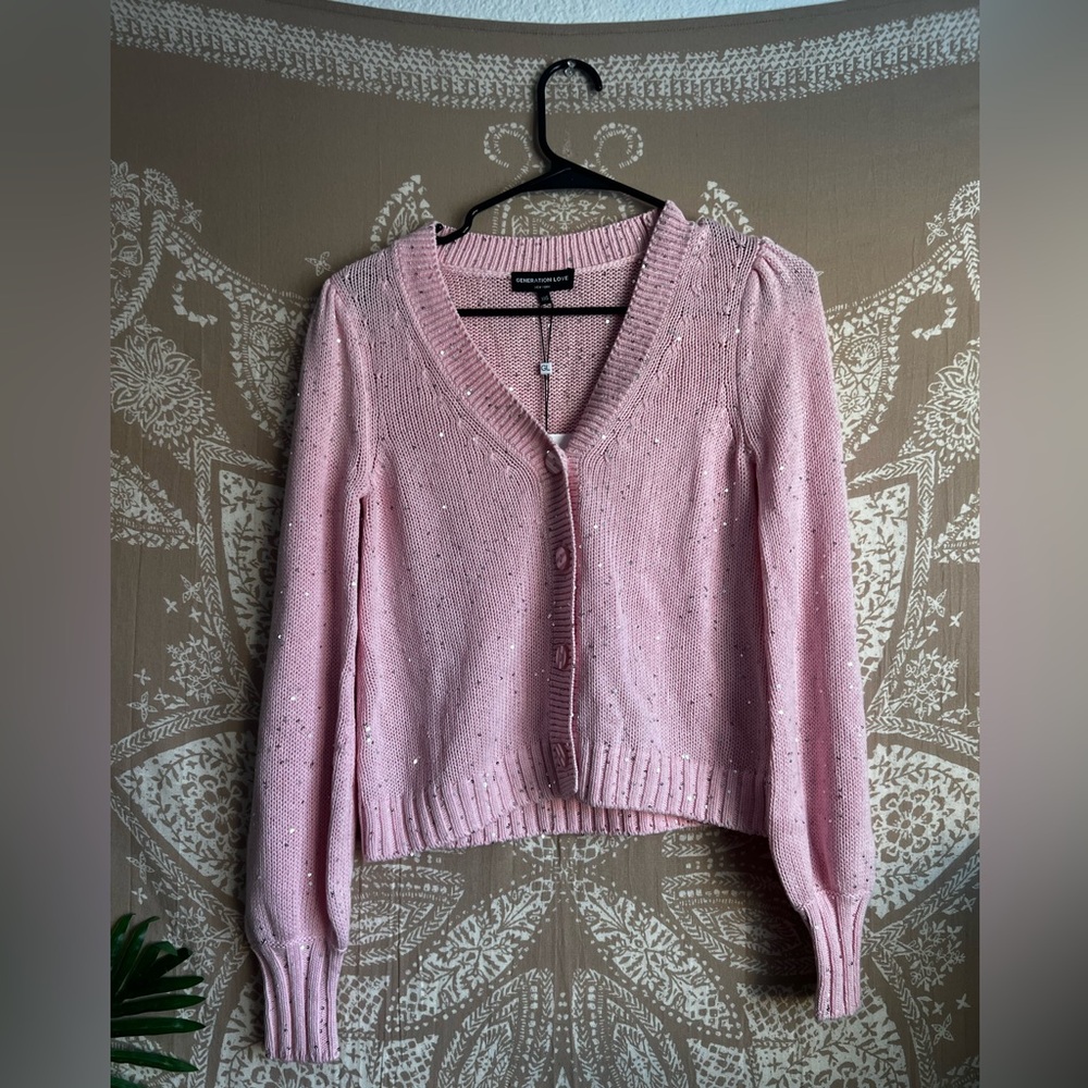 NWT Generation Love Lowell Sequins V-Neck Cardigan in Light Pink Sequins